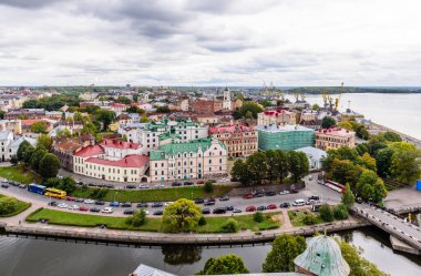 Vyborg kasabası, Rusya - 21 Eylül 2019: Vyborg şehri. Vyborg 'un güzel hava manzarası