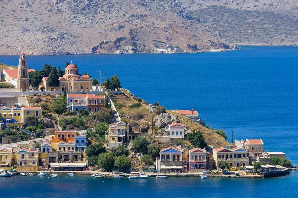 Malebné Pobřeží Symi Krásnými Starými Domy Ostrov Symi Dodecanese Řecko — Stock fotografie