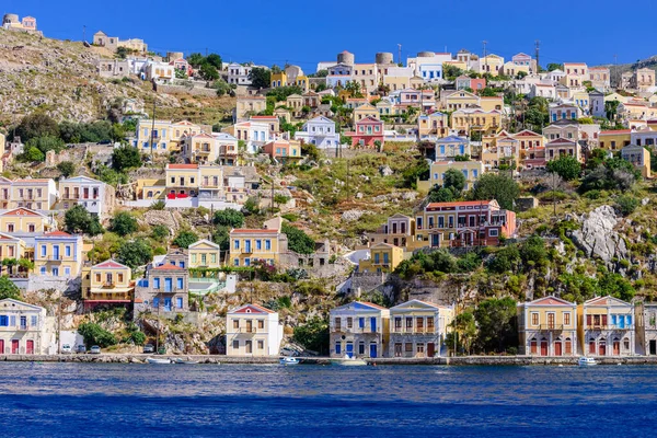 Visite Grèce Littoral Pittoresque Île Symi Avec Belles Vieilles Maisons — Photo