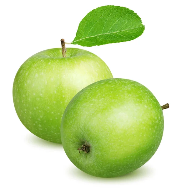 隔離された緑のリンゴ 緑色の葉を持ち 白い背景にクリッピングパスで隔離された2つの全体の緑のリンゴ — ストック写真