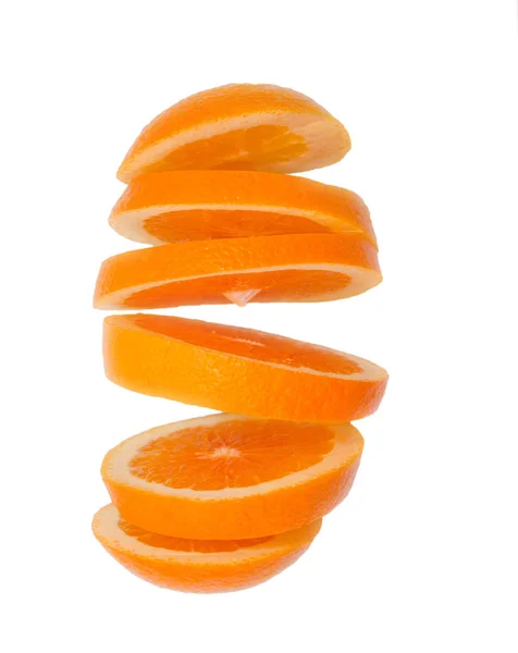 Creative Concept Flying Orange Sliced Orange Isolated White Background Levitating — Stock Photo, Image