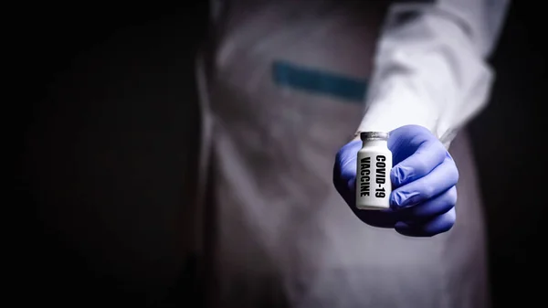 Coronavirus Vaccine Doctor Holds His Hand Syringe Space Copying Name — Stock Photo, Image