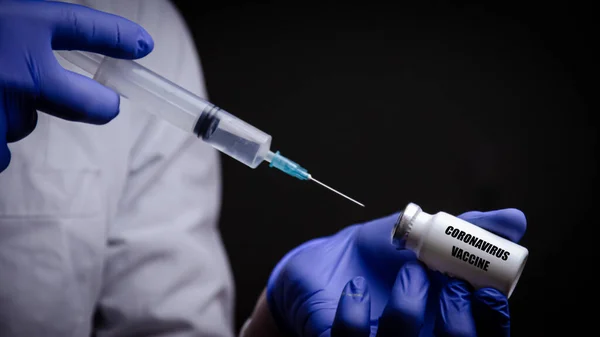 Coronavirus Vaccine Doctor Holds His Hand Syringe Space Copying Name — Stock Photo, Image