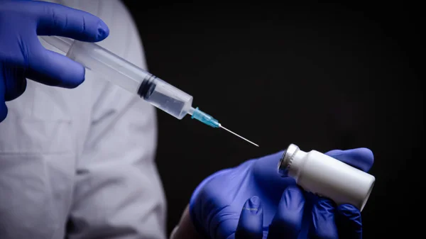 Coronavirus Vaccine Doctor Holds His Hand Syringe Space Copying Name — Stock Photo, Image