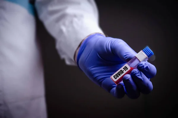 Doctor Holds Coronavirus His Hand Blood Test Inscription Covid Medical — Stock Photo, Image