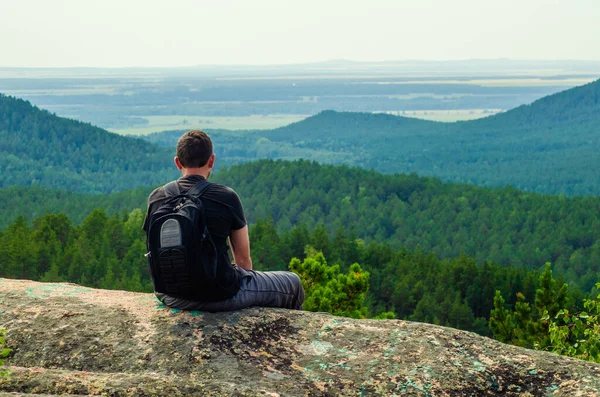 Young Man Sitting Top Mountain Backpack — Stock Photo, Image