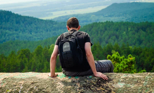 Young Man Hiker Sitting Rock Mountains — Stock Photo, Image