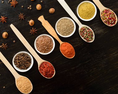 Tahta kaşıklarda çeşitli baharatlar.