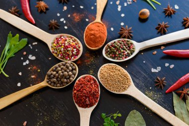 Tahta kaşıklarda çeşitli baharatlar.