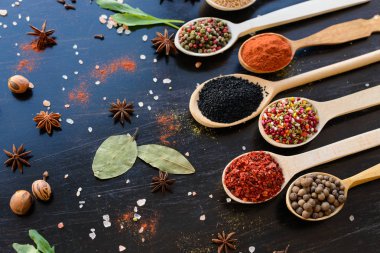 Tahta kaşıklarda çeşitli baharatlar.