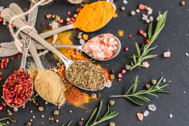 Tahta kaşıklar üzerinde çeşitli baharatlar. Gıda katkı maddeleri