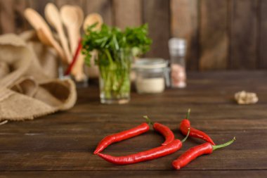 Tahta kaşıklar üzerinde çeşitli baharatlar. Gıda katkı maddeleri