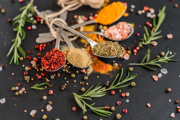 Various Spices Wooden Spoons Food Ingredients — Stock Photo, Image
