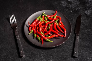 Gri beton arka planda parlak kırmızı biber. Baharatlı yemekler, malzemeler.