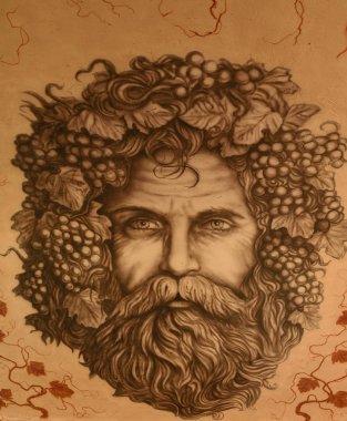 Vesele, Kherson region/Ukraine � October 26 2019: Portrait of god of winemaking Dionysus on a wall of chalet clipart