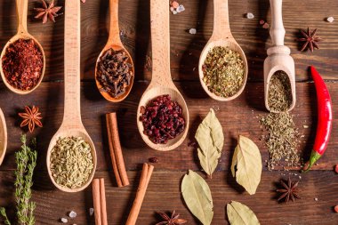 Baharat ve bitki seti. Hint mutfağı. Biber, tuz, kırmızı biber, fesleğen ve diğer koyu bir arka planda.