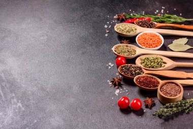 Baharat ve bitki seti. Hint mutfağı. Biber, tuz, kırmızı biber, fesleğen ve diğer koyu bir arka planda.