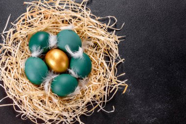 Yuvadaki Paskalya altın yumurtaları, bayram hazırlıkları. Koyu renkli arka planda yuvadaki altın yumurtalar.