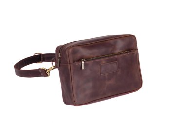 Beyaz arka planda izole edilmiş doğal deri çanta. Başarılı kişiler için suç ortağı