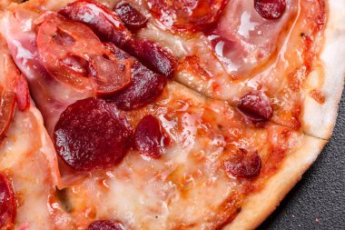 Mozzarella peynirli biberli pizza, salam, domates, biber ve baharat. İtalyan mutfağı