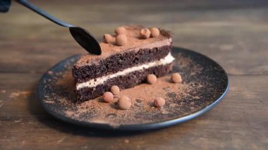 Meyveli, kremalı ve çikolatalı bir dilim lezzetli çikolatalı pasta.