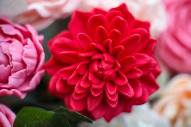 Yaz bahçesinde eski bir bisiklet sepetinde sabundan yapılmış parlak renkli çiçeklerden bir buket.