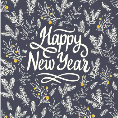 Noel tatil desen. Vektör çizim şubeleri, çilek ve yaprakları siyah zemin üzerine. Yeni Yılınız Kutlu Olsun.