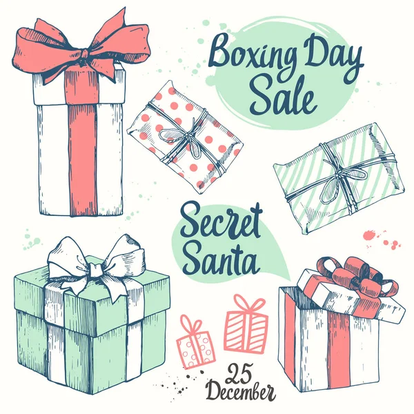 Conjunto de ilustrações de feriado vetorial. Presente de Natal no fundo branco. Caixa de presente bonita com fita no estilo esboço. Dia de boxe. Festa secreta do Pai Natal . —  Vetores de Stock