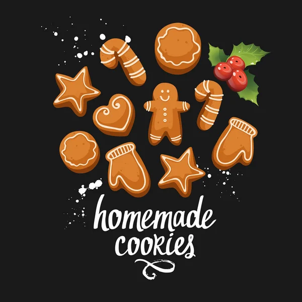 Vector illustration to celebrate the new year on black background with holiday homemade ginger cookies. Handwritten inscription. Lettering design. — Stock Vector