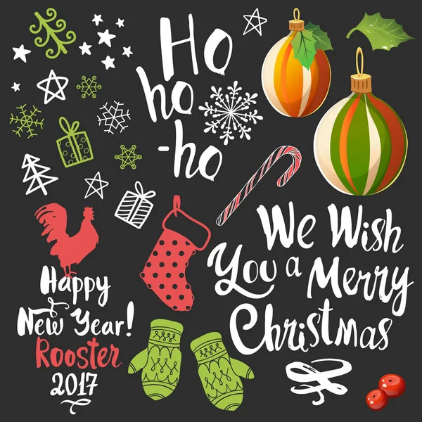 クリスマスのベクトル図は、スケッチ スタイルに設定します。黒の背景上に存在します。美しい新年面白い記号、コック、雪の結晶、手袋、ボール、ギフトとホリデイ ・ レタリング. — ストックベクタ