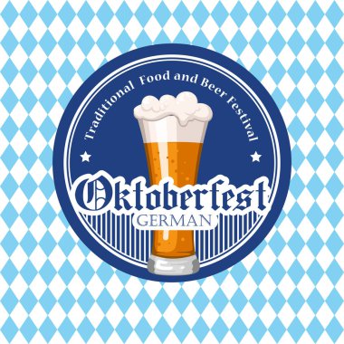 Oktoberfest simgesi. İçecek menüsü. Vektör çizim bira cam kroki tarzı pub ile. Festival alkollü mavi satranç arka plan üzerinde.