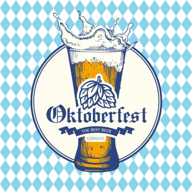 Oktoberfest simgesi. İçecek menüsü. Vektör çizim bira cam kroki tarzı pub ile. Festival alkollü mavi satranç arka plan üzerinde.