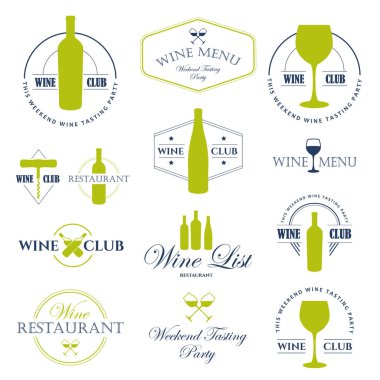 Şarap listesi logo ve etiketleri ile vektör çizim. Basit semboller cam, şişe restoran veya şarap için. İçki geleneklerini. Dekoratif tasarım öğeleri. Siyah beyaz stili.