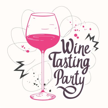 Vektör çizim cam şarap listesi için kroki tarzında. Poster alkollü içecekler. Tatma partisi. Hat öğeleri tasarım fırça. El yazısı mürekkep yazı.