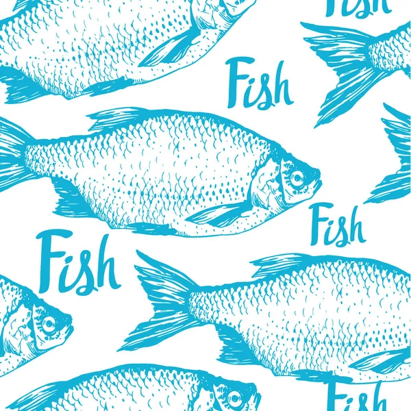 Ilustração vetorial com esboços de peixes rudd. Fundo sem costura desenhado à mão cor azul. Padrão de frutos do mar . —  Vetores de Stock