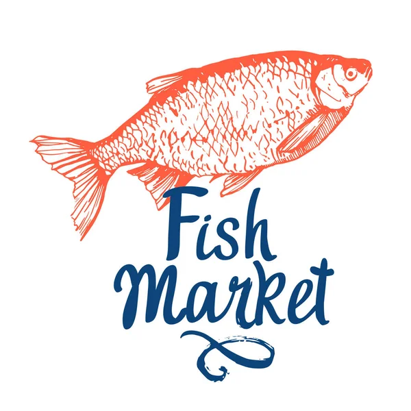 Hand drawn vector illustration with rudd fish. Market. Seafood menu. Brush design elements. Handwritten ink lettering. — Stock Vector