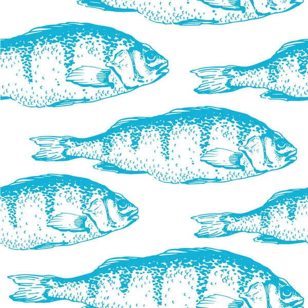 Ilustração vetorial com esboços de peixes de carpa. Fundo sem costura desenhado à mão cor azul . —  Vetores de Stock