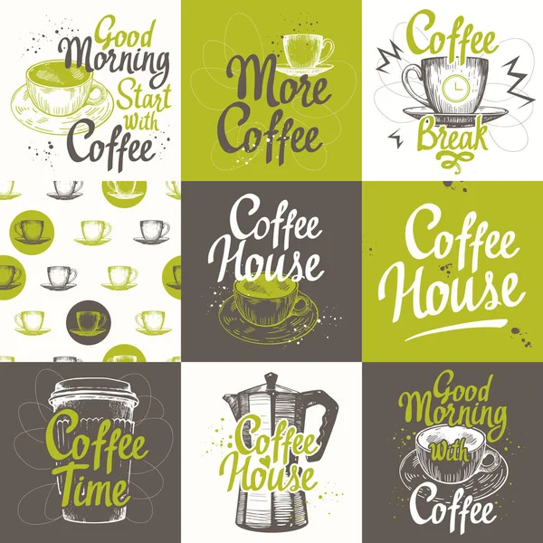 Aantal koffie schets met naadloze achtergrond. Warme dranken-menu. Vectorillustratie: cup, maker en patroon. Borstel kalligrafie elementen voor uw ontwerp. Handgeschreven inkt belettering. — Stockvector