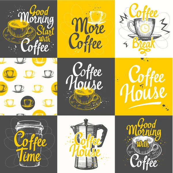 Set of coffee sketch with seamless background. Hot drinks menu. Vector Illustration: cup, maker and pattern. Brush calligraphy elements for your design. Handwritten ink lettering. — Stock Vector