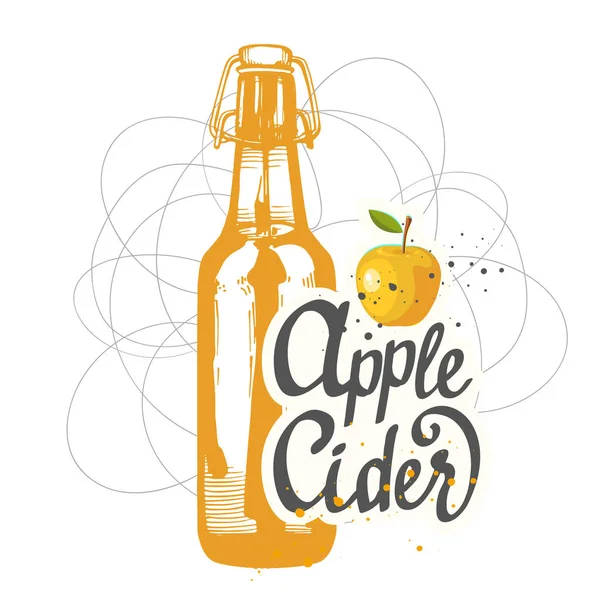 W menu napój. Ilustracja wektorowa z butelki apple cider w styl szkic dla pub. Napoje alkoholowe. — Wektor stockowy