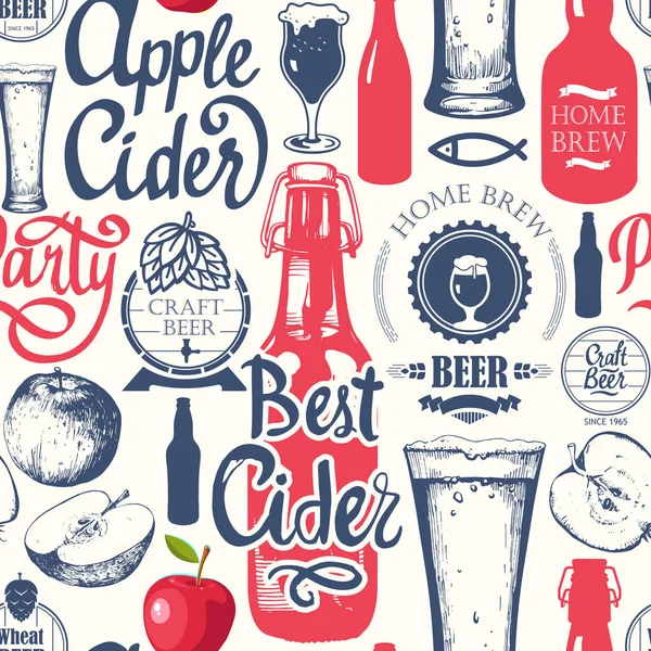 Muster mit Bier, Most und Apfel im Sketch-Stil. nahtloser Hintergrund für Pub-Menü. Vektor Illustration Etiketten, Flasche, Glaspinsel Kalligraphie-Elemente. handgeschriebene Tuscheschrift. — Stockvektor