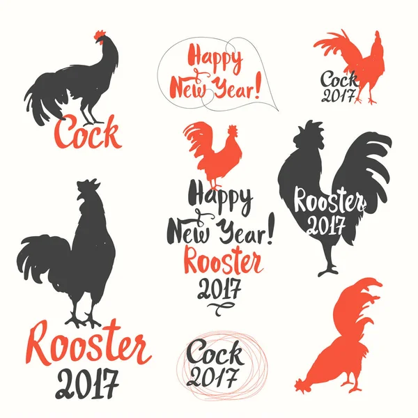 Set grappige etiketten met silhouet pik in verschillende poses op een witte achtergrond. Schets stijl. Vector illustratie hanen. Borstel tekeningen. — Stockvector