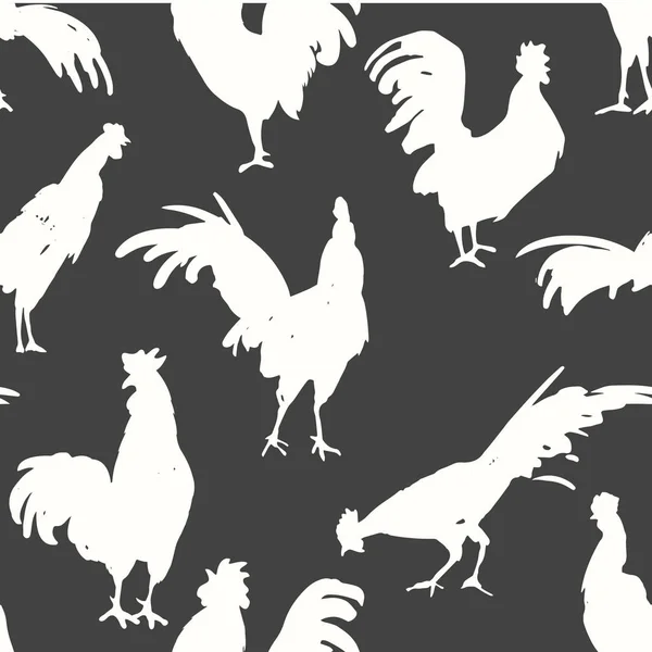 Pola mulus dengan siluet ayam dalam pose yang berbeda. Gaya Sketch. Vektor ilustrasi ayam jantan hitam dan putih. Gambar kuas . - Stok Vektor