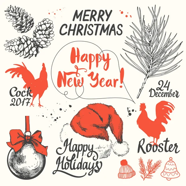 クリスマスのベクトル図は、スケッチ スタイルに設定します。白い背景上に存在します。美しいギフト ボックス、リボン、ホリデイ ・ レタリング、面白い記号。明けましておめでとう. — ストックベクタ