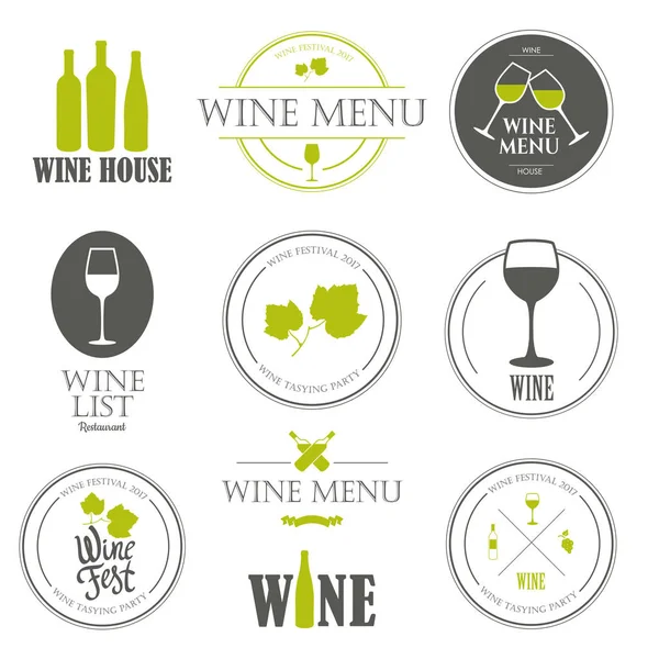 Vectorillustratie met logo van de wijnkaart en etiketten. Eenvoudige symbolen glas, fles voor restaurant of producent. Tradities van drank. Decoratieve elementen uw ontwerp. Zwart wit stijl. — Stockvector