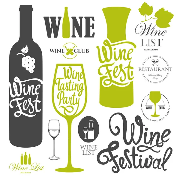 Vector illustration with labels, bottle, glass sketch style. Alcoholic beverages set. Wine festival. Brush calligraphy elements for your design. Handwritten ink lettering. — Stock Vector