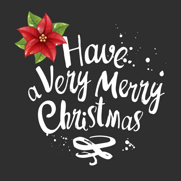 Vakantie vectorillustratie Merry Christmas op zwarte achtergrond met poinsettia bloem. Handgeschreven inscriptie. Belettering van ontwerp. — Stockvector
