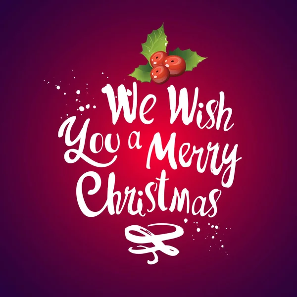 Vakantie vectorillustratie Merry Christmas op rode achtergrond met holly. Handgeschreven inscriptie. Belettering van ontwerp. — Stockvector