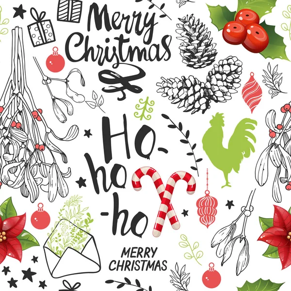 白い背景の上のシームレスな新年のパターン。クリスマスのベクトル図は、スケッチ スタイルに設定します。美しい面白い記号、コック、ヤドリギ、松の枝、ホリデイ ・ レタリング. — ストックベクタ