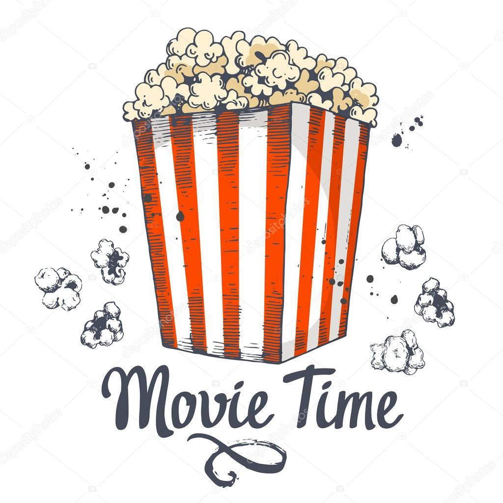 Vector illustration with sketch popcorn bucket. Cinema snack. Hand drawn fast food. Movie Time poster.